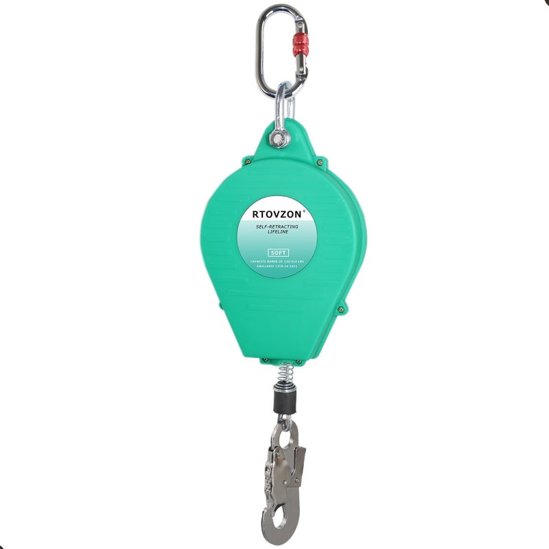 RTOVZON 50FT Self Retracting Lifeline Fall Arrest Fall Protection Steel Wire Rope Heavy Duty Retractable Lanyard, Safety Lanyard, Roofing Lifeline, SRL - Image 1